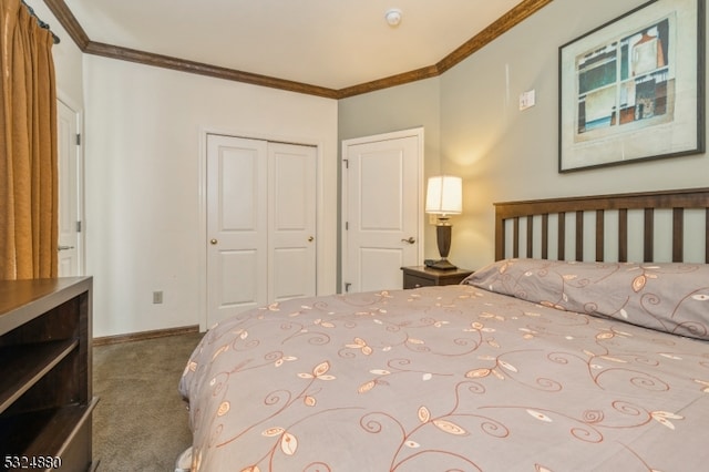 bedroom featuring carpet floors, a closet, and ornamental molding