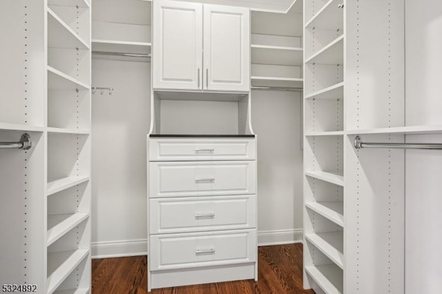 spacious closet with dark wood-style floors