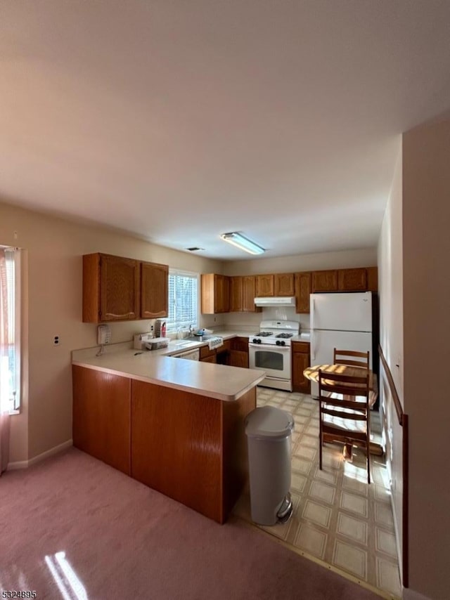 kitchen with light colored carpet, white appliances, and kitchen peninsula