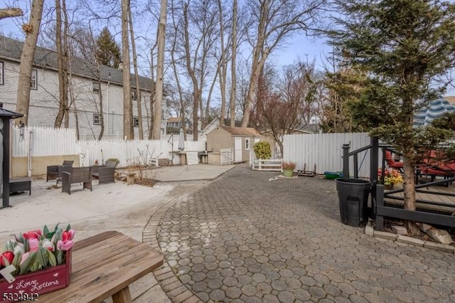 exterior space featuring a patio area and a storage shed