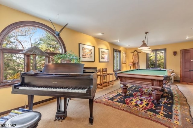 recreation room featuring light colored carpet and pool table