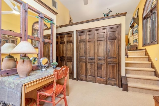 dining space with carpet flooring