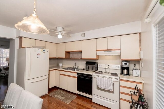 203 E Main St, Prospect Park Boro, NJ 07508 - kitchen featuring white appliances, a sink, under cabinet range hood, ceiling fan, and light countertops