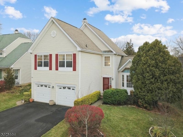 view of property featuring a front lawn and a garage