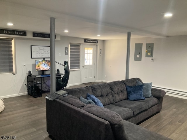 living room with electric panel, dark hardwood / wood-style floors, and baseboard heating