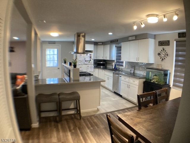 kitchen with backsplash, white cabinetry, stainless steel appliances, and range hood