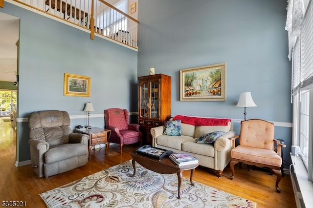 living room featuring hardwood / wood-style floors and a towering ceiling