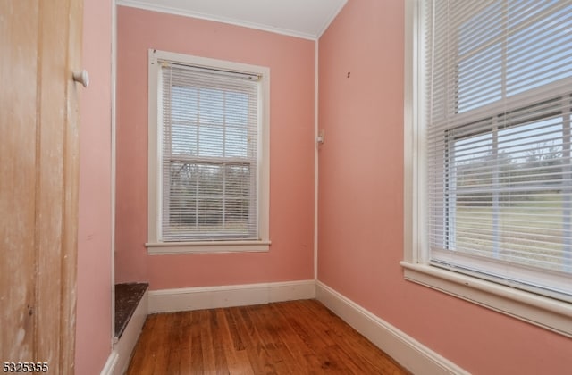 interior space with hardwood / wood-style floors, a healthy amount of sunlight, and ornamental molding