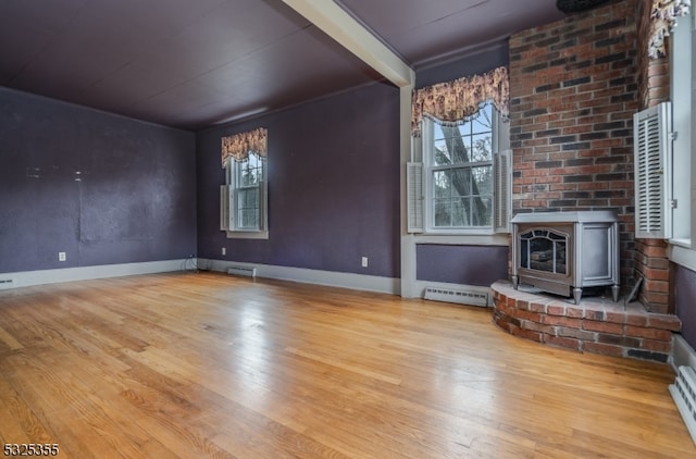 unfurnished living room with a wood stove and light hardwood / wood-style flooring