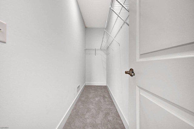 walk in closet with light colored carpet