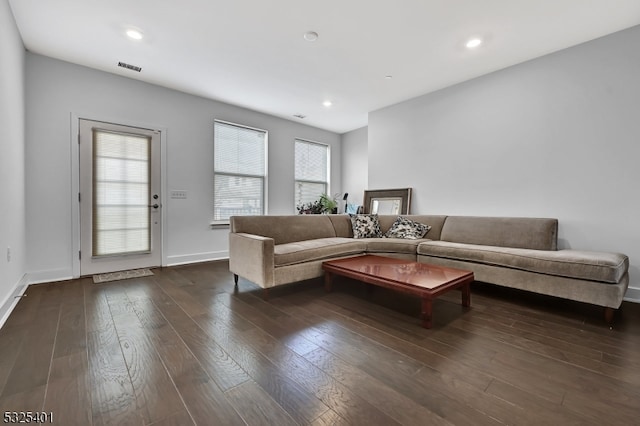 living room with dark hardwood / wood-style flooring