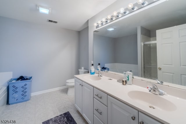 full bathroom featuring tile patterned flooring, vanity, toilet, and independent shower and bath