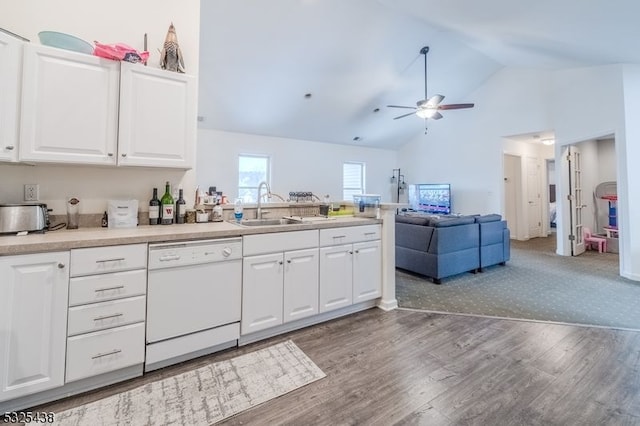 kitchen with white cabinets, ceiling fan, sink, and white dishwasher