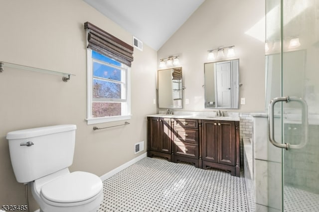 bathroom featuring vanity, an enclosed shower, lofted ceiling, and toilet