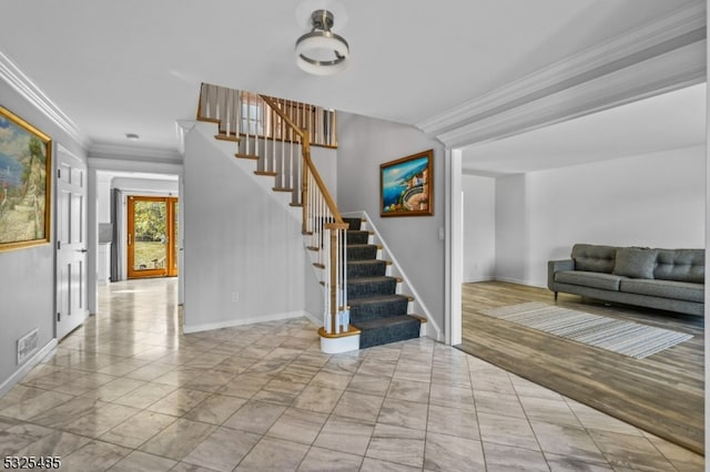 interior space featuring light hardwood / wood-style flooring and crown molding