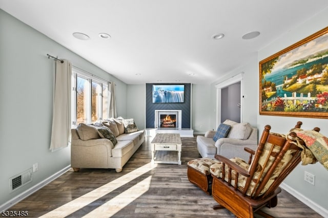 living room featuring a fireplace and dark wood-type flooring