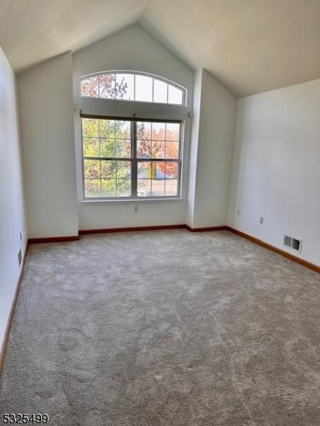 carpeted spare room featuring vaulted ceiling