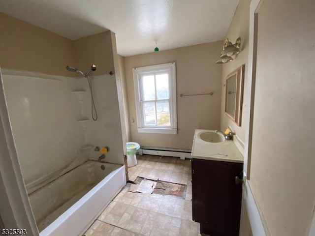 bathroom featuring vanity, a baseboard radiator, and shower / bathtub combination