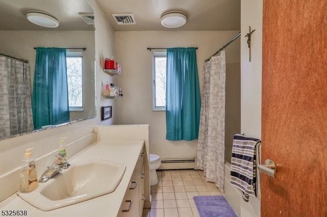 full bathroom featuring shower / bathtub combination with curtain, a baseboard heating unit, tile patterned floors, toilet, and vanity