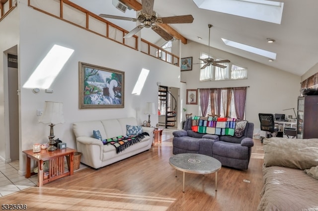 living room featuring hardwood / wood-style floors, high vaulted ceiling, ceiling fan, and beam ceiling