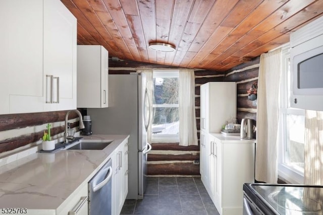 kitchen featuring a sink, wood ceiling, white cabinets, stainless steel dishwasher, and light stone countertops