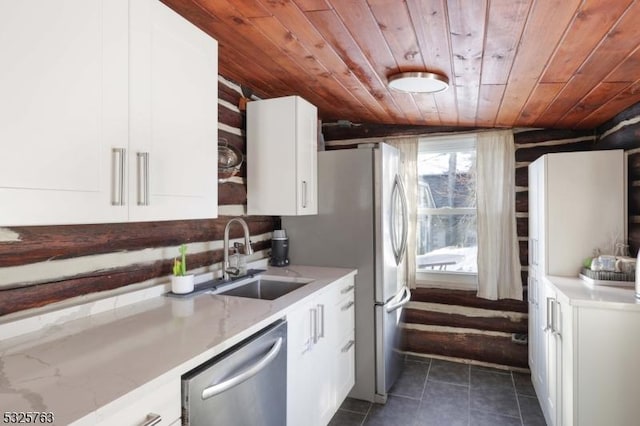 kitchen with wooden ceiling, dark tile patterned flooring, a sink, white cabinetry, and stainless steel dishwasher