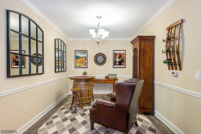 office area with wood-type flooring, crown molding, and a notable chandelier