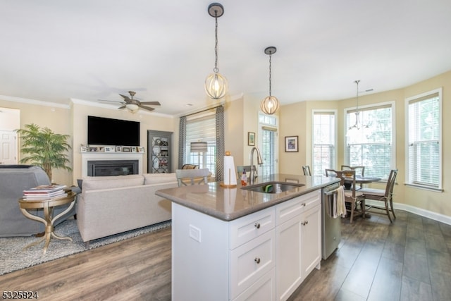 kitchen with white cabinets, decorative light fixtures, dark hardwood / wood-style flooring, and sink