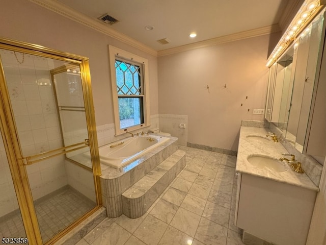 bathroom with vanity, separate shower and tub, and crown molding