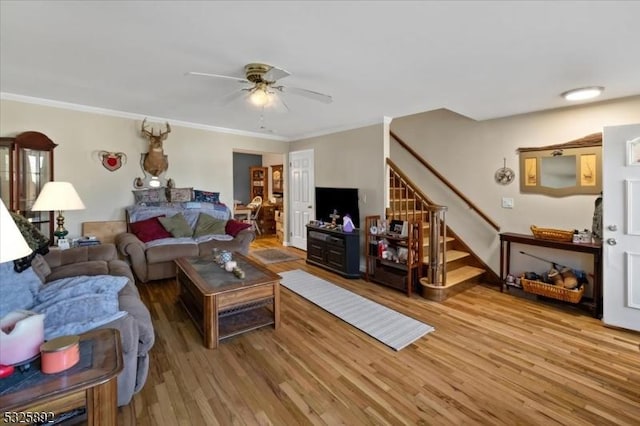 living room featuring hardwood / wood-style floors, ceiling fan, and ornamental molding