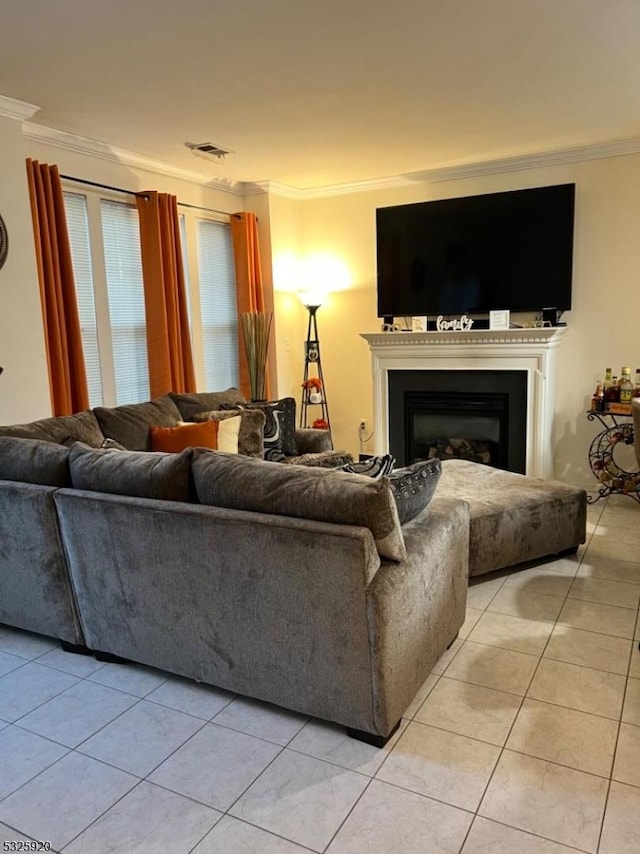 tiled living room featuring ornamental molding