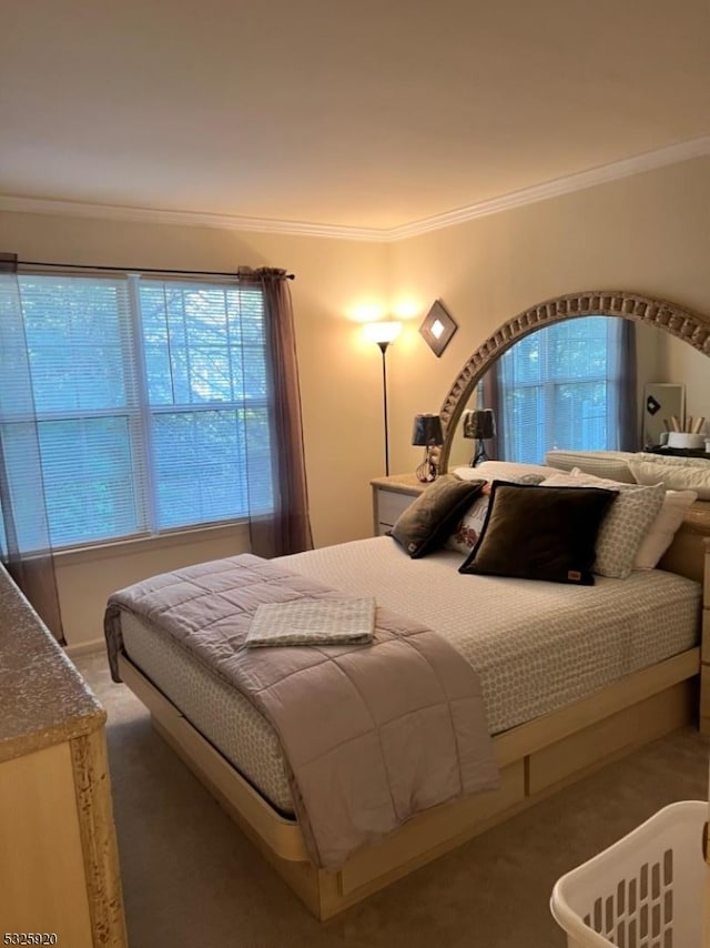 bedroom with carpet flooring and crown molding