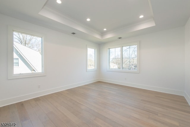 spare room with ornamental molding, a healthy amount of sunlight, light hardwood / wood-style flooring, and a tray ceiling