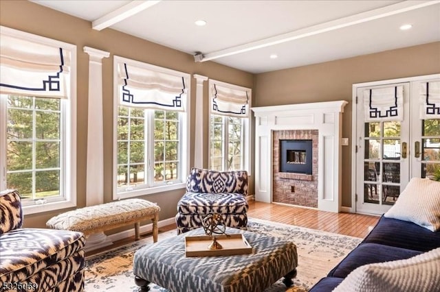 living room with a fireplace, french doors, a healthy amount of sunlight, and wood-type flooring