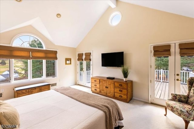 bedroom with beam ceiling, french doors, high vaulted ceiling, access to outside, and light carpet