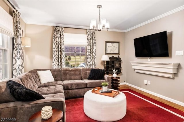 living room with crown molding and dark hardwood / wood-style flooring