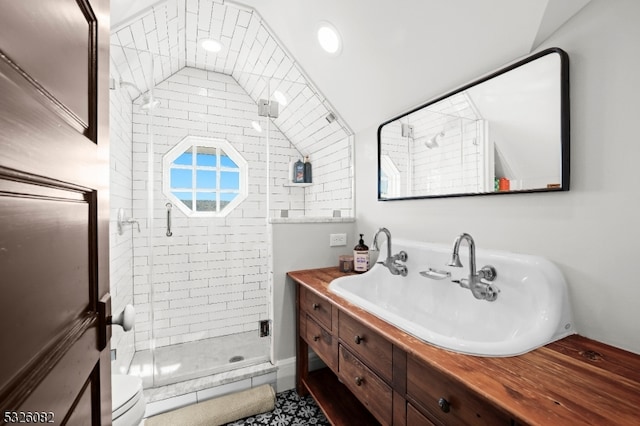 bathroom with vanity, toilet, and walk in shower