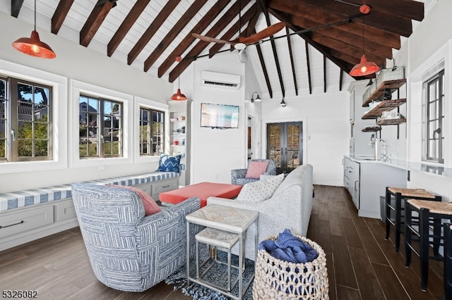 living room featuring high vaulted ceiling, beam ceiling, dark wood-type flooring, and a wall unit AC