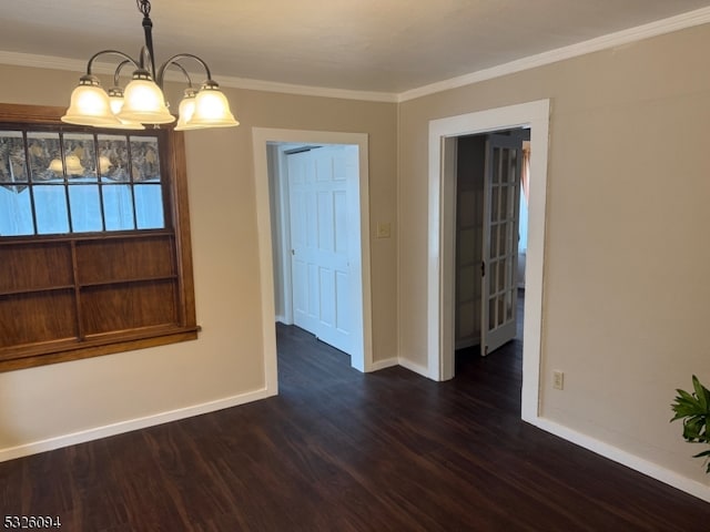 unfurnished dining area featuring a notable chandelier, dark hardwood / wood-style flooring, and ornamental molding