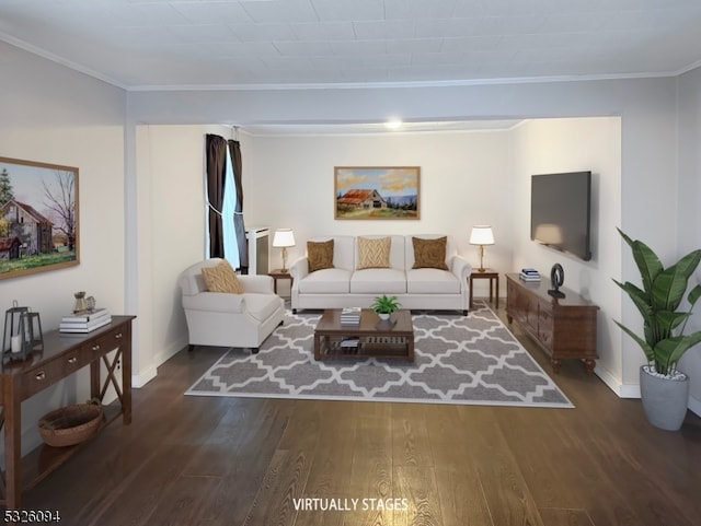 living room with ornamental molding and dark wood-type flooring