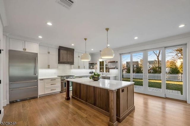 kitchen with a center island, light hardwood / wood-style floors, white cabinetry, and high end appliances