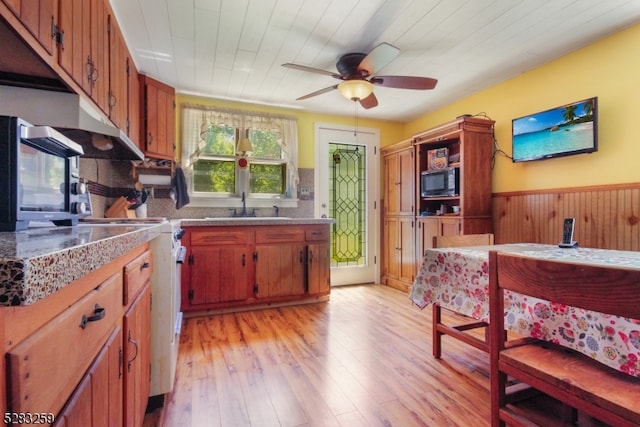 kitchen featuring wood walls, sink, ceiling fan, light wood-type flooring, and black microwave