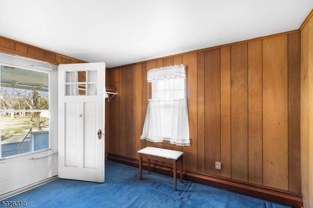 interior space with dark colored carpet and wood walls