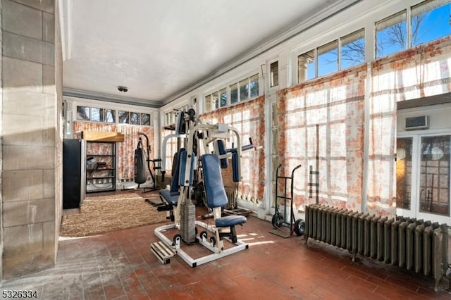 workout area featuring radiator heating unit and ornamental molding