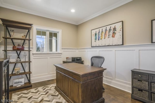 home office featuring hardwood / wood-style flooring and ornamental molding