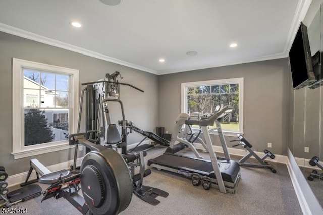 exercise room with crown molding and plenty of natural light