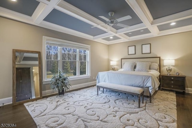 bedroom featuring ceiling fan, dark hardwood / wood-style floors, coffered ceiling, and ornamental molding