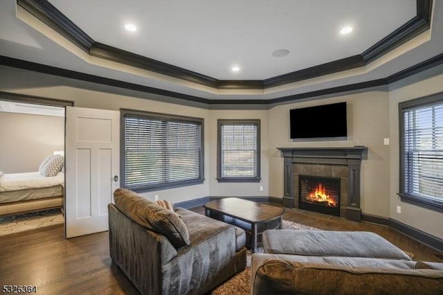 living room featuring dark hardwood / wood-style flooring, a tray ceiling, and a tiled fireplace