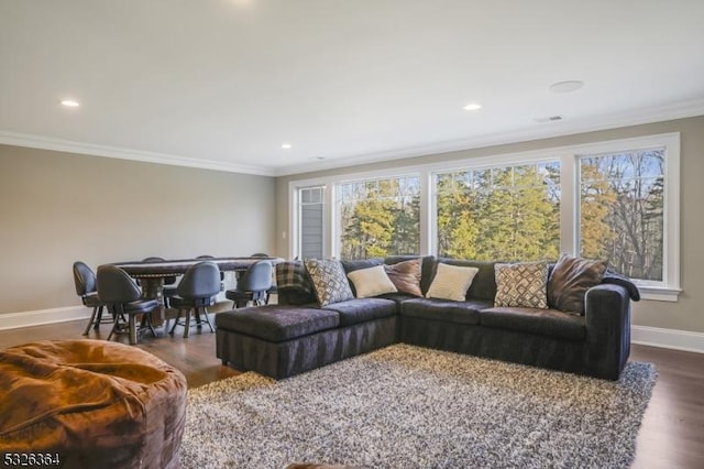 living room featuring dark hardwood / wood-style flooring and crown molding