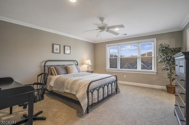 bedroom with light carpet, ceiling fan, and ornamental molding